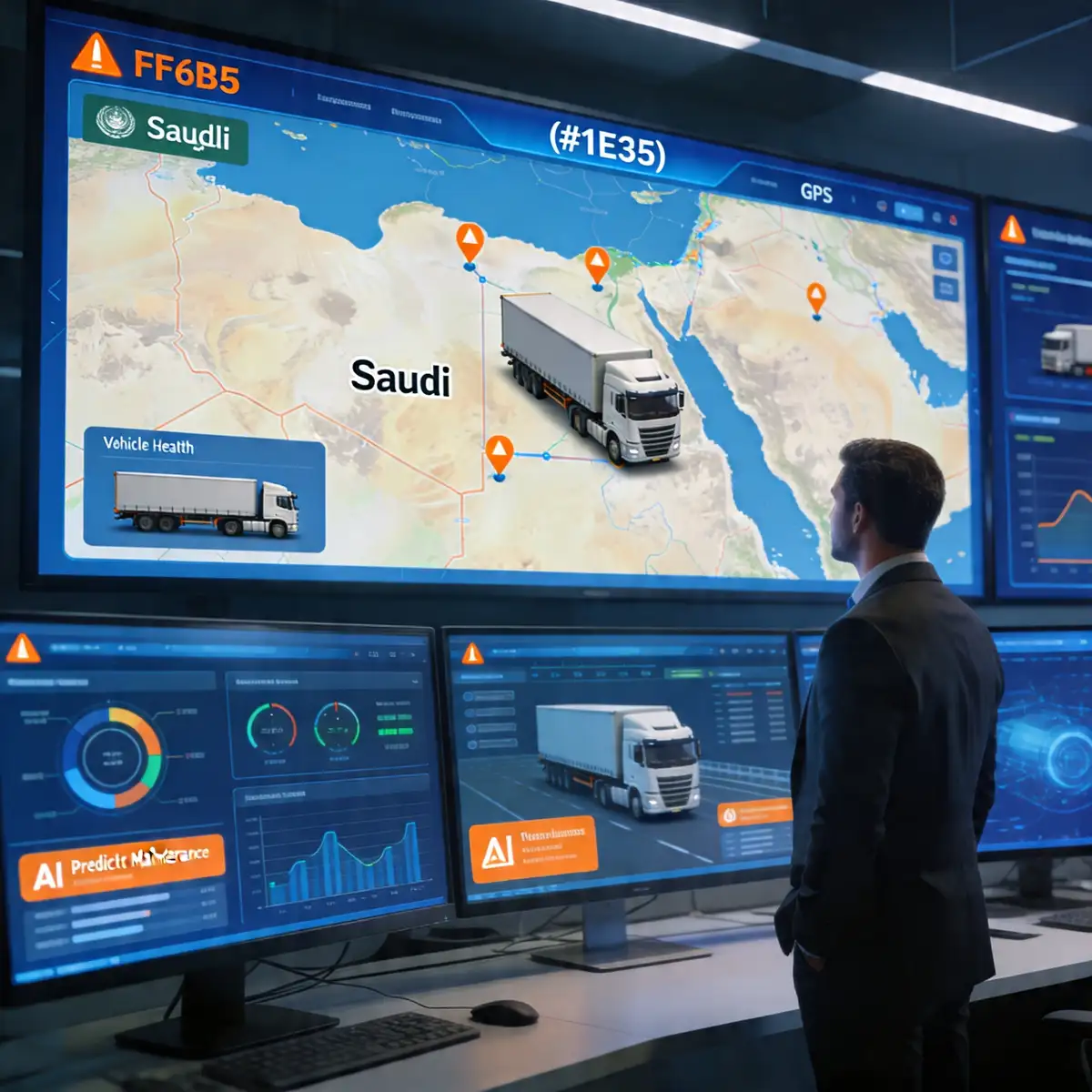 الذكاء الاصطناعي في صيانة الأسطيل التنبؤية الصيانة التنبؤية بالذكاء الاصطناعي - لوحة تحكم ذكية تعرض بيانات تتبع GPS وتنبيهات الصيانة التنبؤية للأساطيل في السعودية