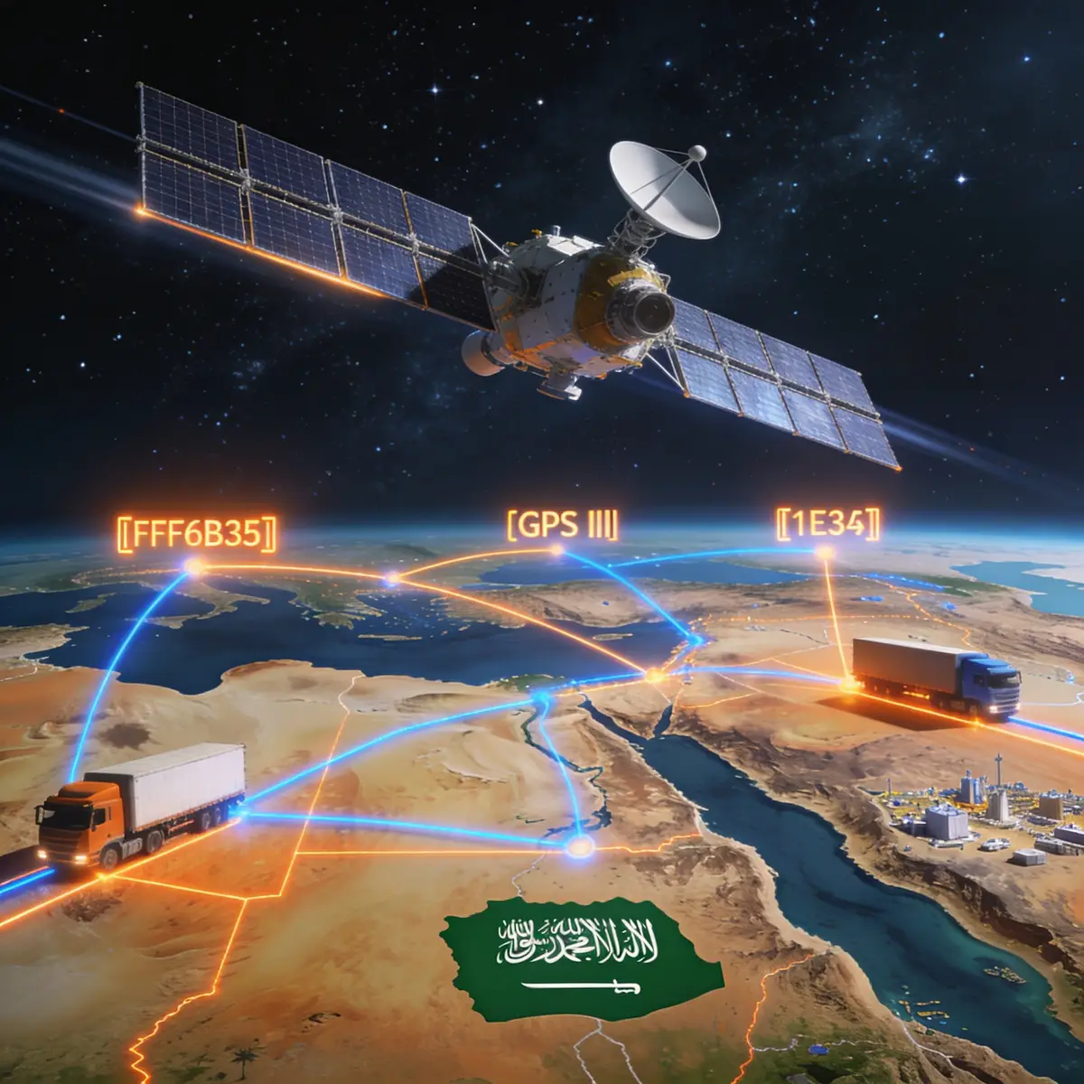 نظام GPS لتتبع المركبات — قمر GPS III يغطي المملكة العربية السعودية نظام GPS لتتبع المركبات — قمر GPS III في الفضاء يغطي المملكة العربية السعودية بخطوط تتبع برتقالية وزرقاء تربط المدن والأساطيل