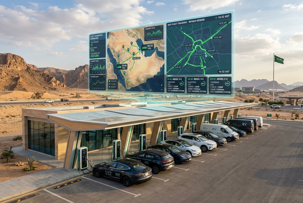 تتبع المركبات الكهربائية: Geotab تضم Polestar لشبكتها 2026 2 تتبع المركبات الكهربائية: أسطول مركبات كهربائية تشحن في محطة حديثة