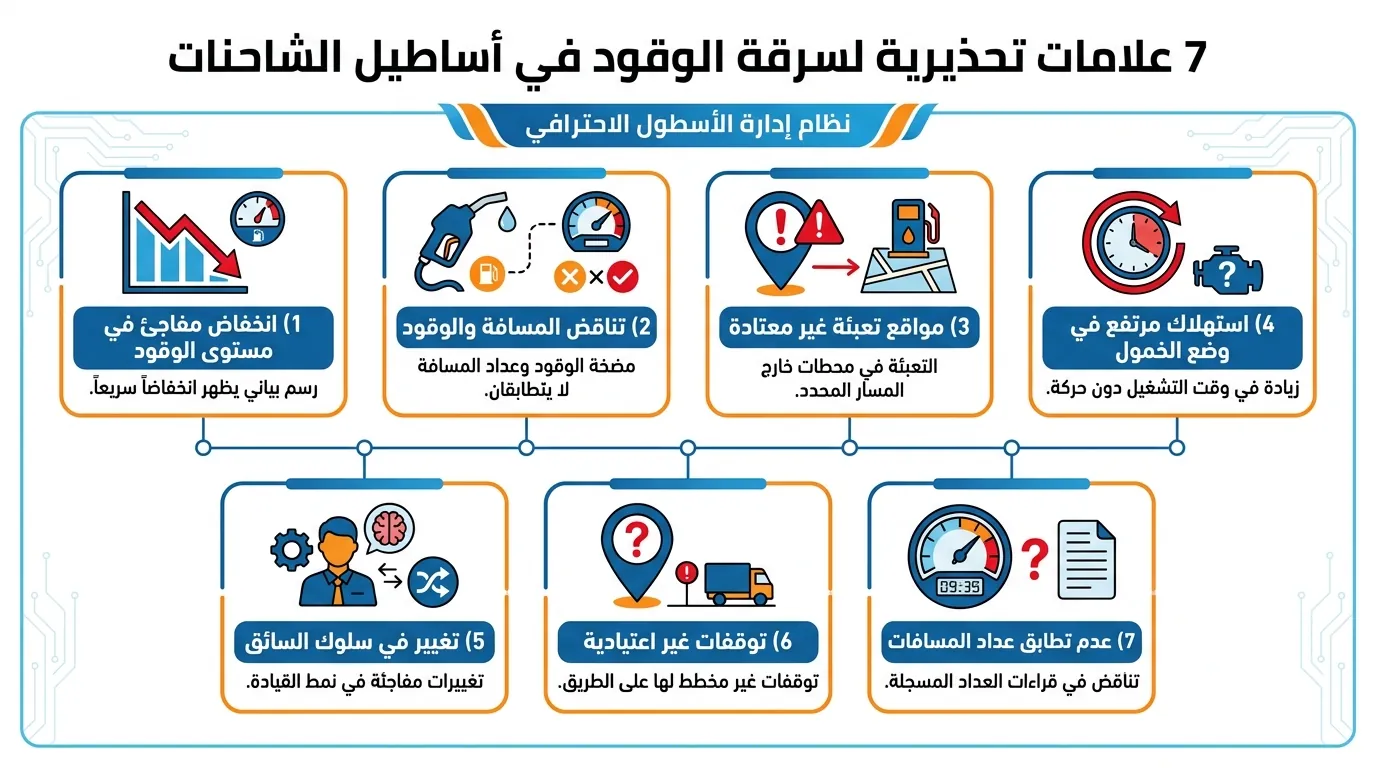 سرقة الوقود من الشاحنات: 7 علامات تحذيرية وحلول 2026 1 7 علامات تحذيرية لسرقة الوقود من الشاحنات - إنفوغراف