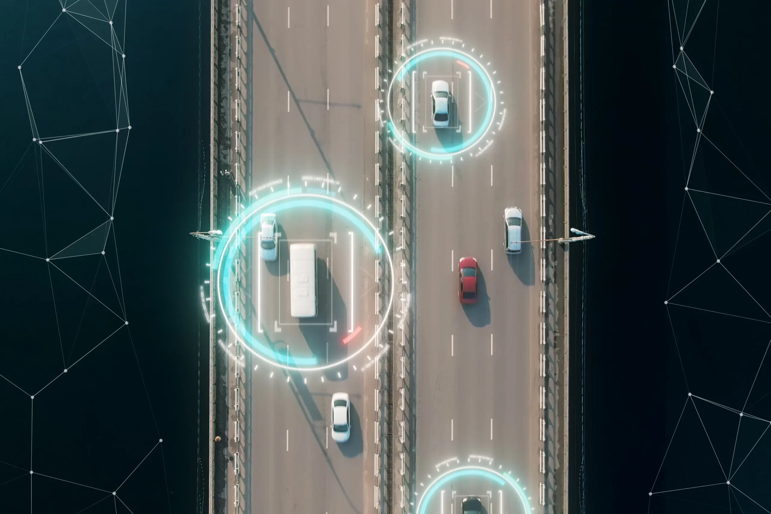 road from above showing vehicles with digital circle around them