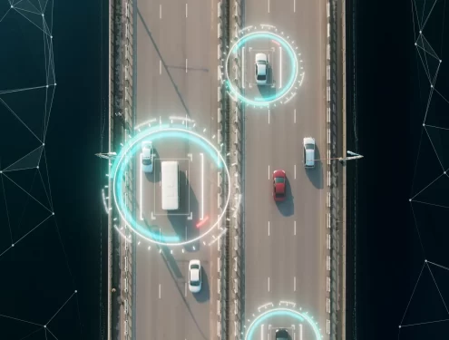 road from above showing vehicles with digital circle around them